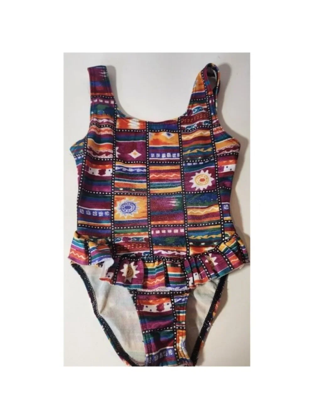 90s Girls Southwestern‎ Print Ruffle One Piece Swimsuit Multicolor Sun Geometric